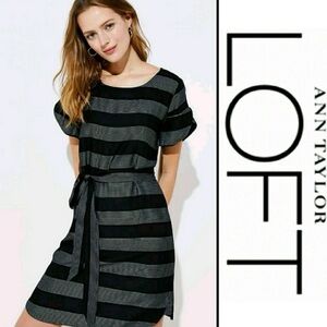 Loft M Women's Black White Striped Shift Shirt Dress Petal Sleeve Sz Petite Med
